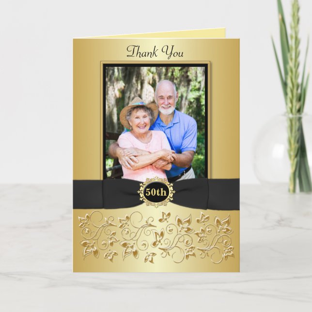 50th Anniversary Black Gold Floral Thank You Card (Front)