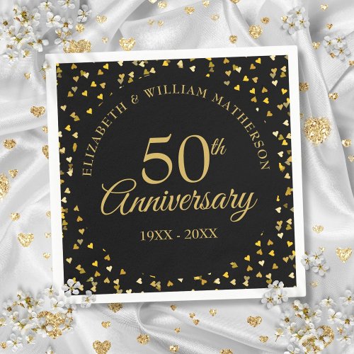 50th Anniversary Black Gold Love Hearts Confetti  Napkins