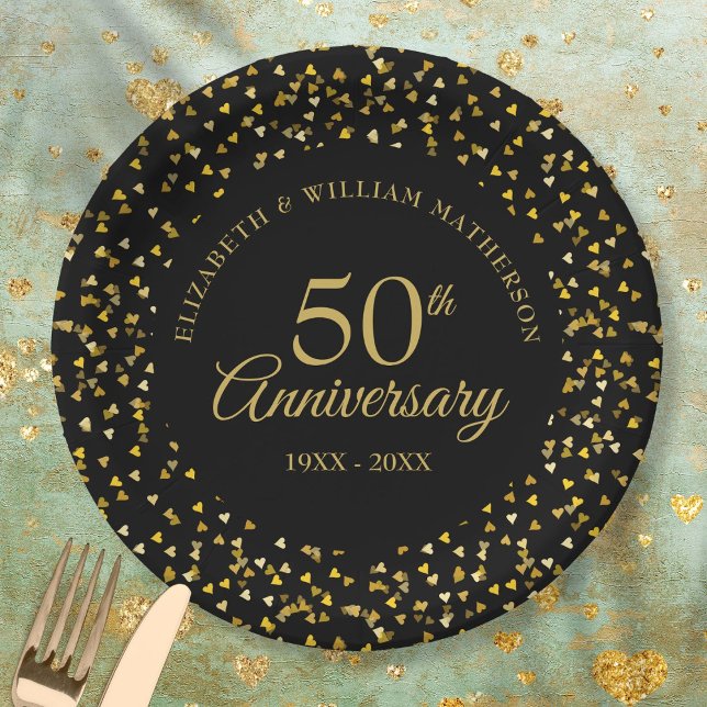 50th Anniversary Black Gold Love Hearts Confetti  Paper Plates (Creator Uploaded)