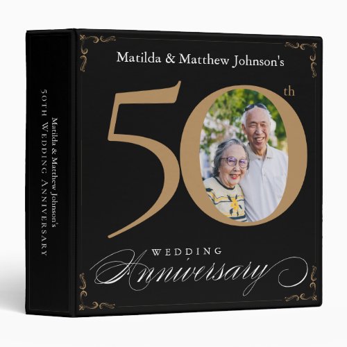 50th Anniversary Black Gold Script Custom Photo 3 Ring Binder