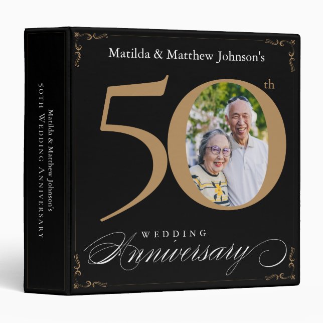 50th Anniversary Black Gold Script Custom Photo 3 Ring Binder (Front/Spine)