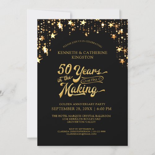 50th Anniversary Black  Gold Stars 50 YEARS Invitation