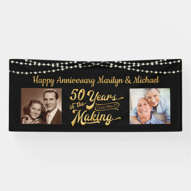 50th Anniversary Black Gold String Lights Photos Banner | Zazzle