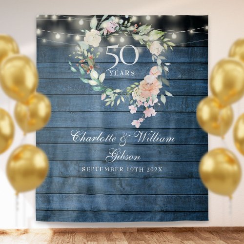 50th Anniversary Blue Rustic Floral Photo Backdrop