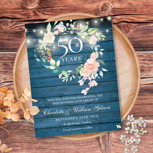 50th Anniversary Blue Rustic Floral Save the Date Postcard