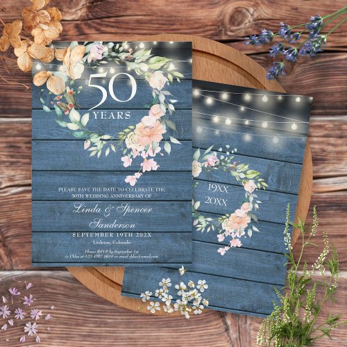 50th Anniversary Blue Rustic Floral String Lights Save The Date