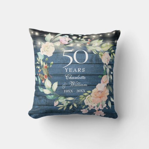 50th Anniversary Blue Rustic Floral String Lights Throw Pillow