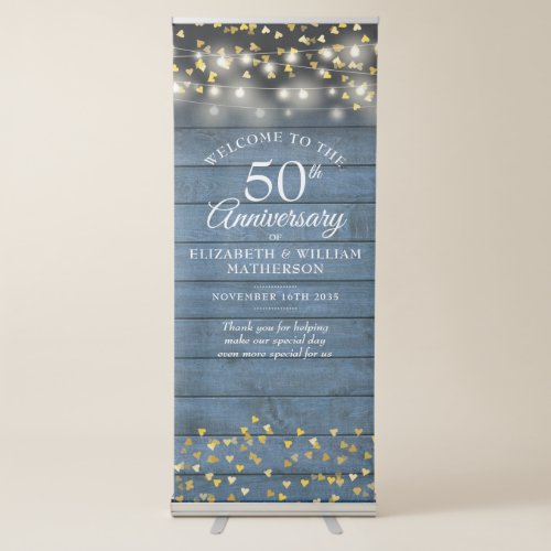 50th Anniversary Blue Rustic Gold Hearts Welcome Retractable Banner