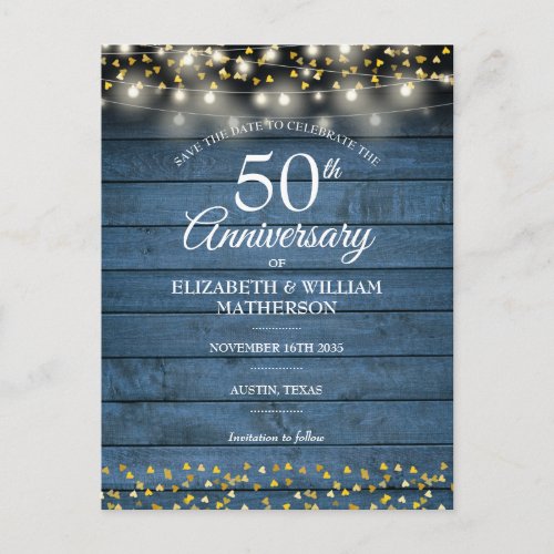 50th Anniversary Blue Rustic Wood Save the Date Announcement Postcard