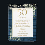 50th Anniversary Blue Rustic Wood Save The Date Magnet<br><div class="desc">Featuring delicate watercolor country garden greenery and pretty string lights on a blue wood panels background,  this chic rustic save-the-date anniversary invitation can be personalized with your special 50 years anniversary celebration information. Designed by Thisisnotme©</div>
