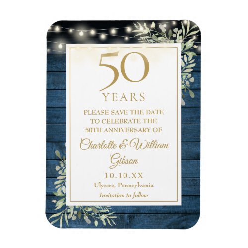 50th Anniversary Blue Rustic Wood Save The Date Magnet