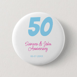 50th anniversary bold blue pink name date elegant button
