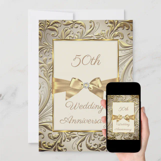 50th Anniversary Bronze Gold Bow Floral Swirl Invitation 