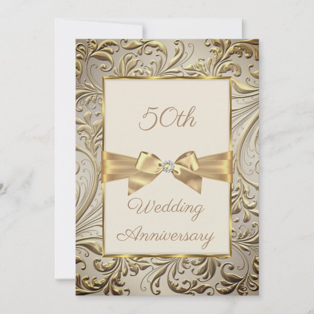 50th Anniversary Bronze Gold Bow Floral Swirl Invitation (Front)
