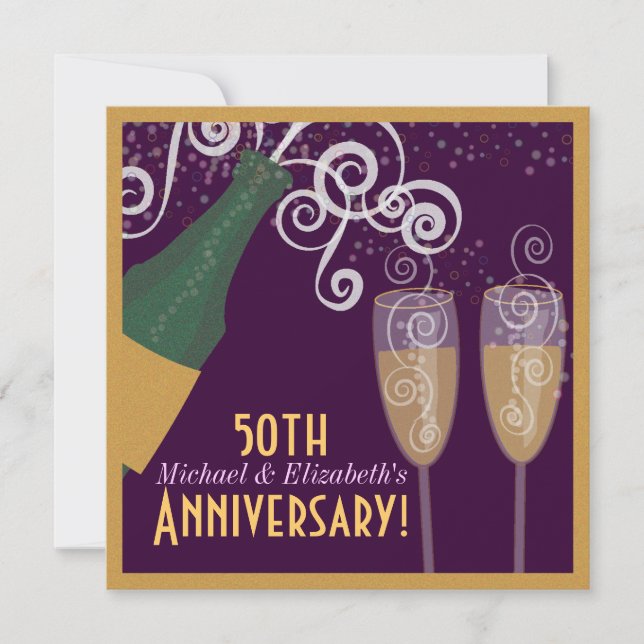 50th Anniversary Bubbly Champagne Gold Party Invitation (Front)