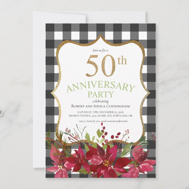 50th Anniversary Buffalo Plaid Red Floral Party Invitation (Front)