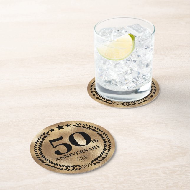 50th Anniversary Business Logo Gold Round Paper Coaster (Insitu)