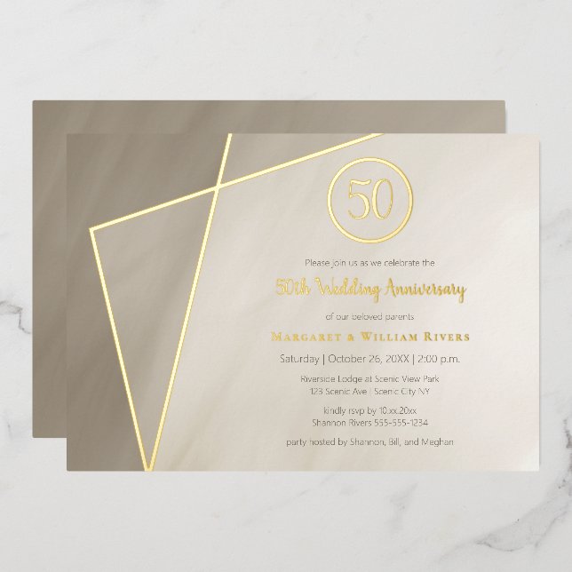 50th anniversary celebration antique gray gold foi foil invitation (Front/Back)
