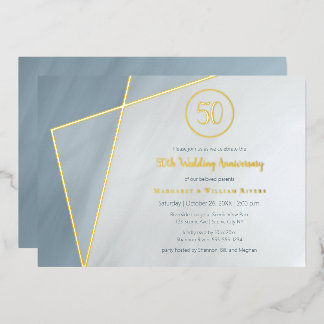 50th anniversary celebration dusty blue gold frame foil invitation
