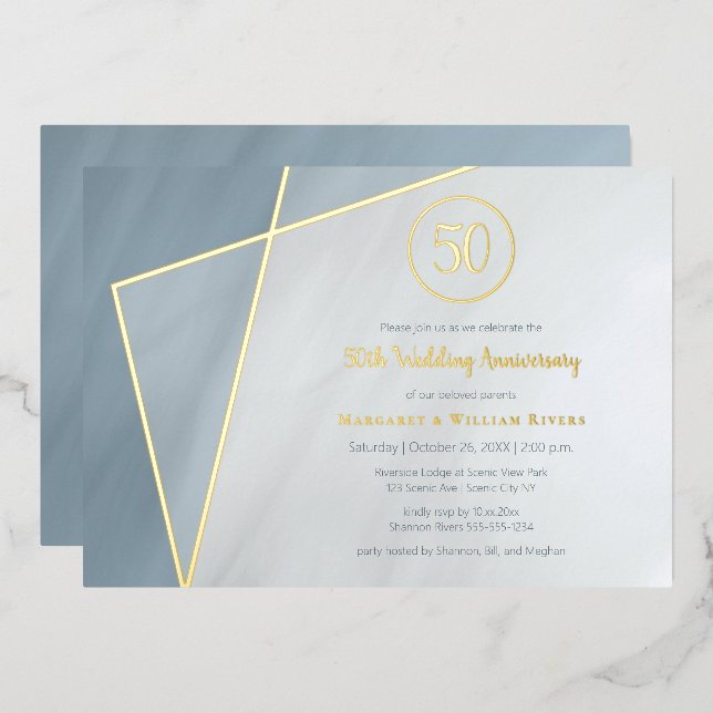 50th anniversary celebration dusty blue gold frame foil invitation (Front/Back)