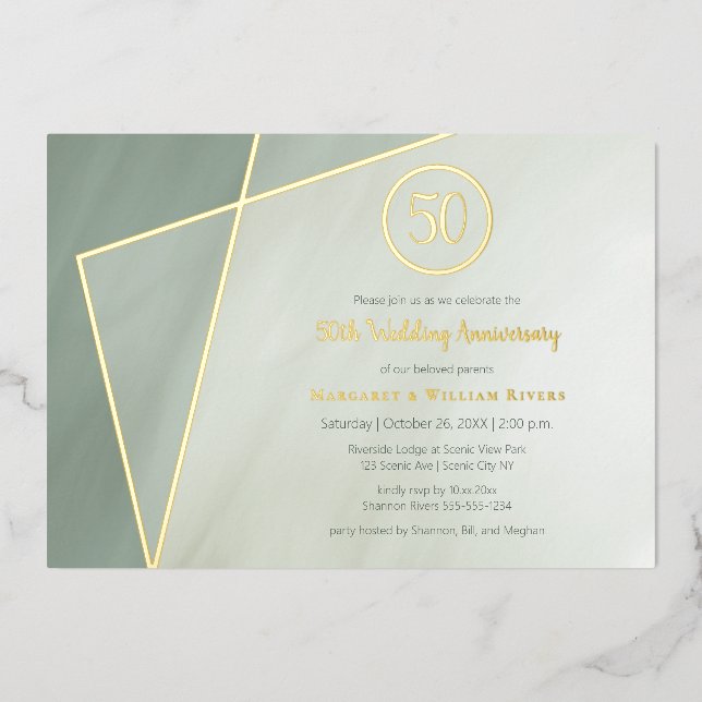 50th anniversary celebration grayed jade with gold foil invitation (Front)