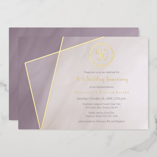 50th anniversary celebration invitation - muted plum with real gold foil geometric frame