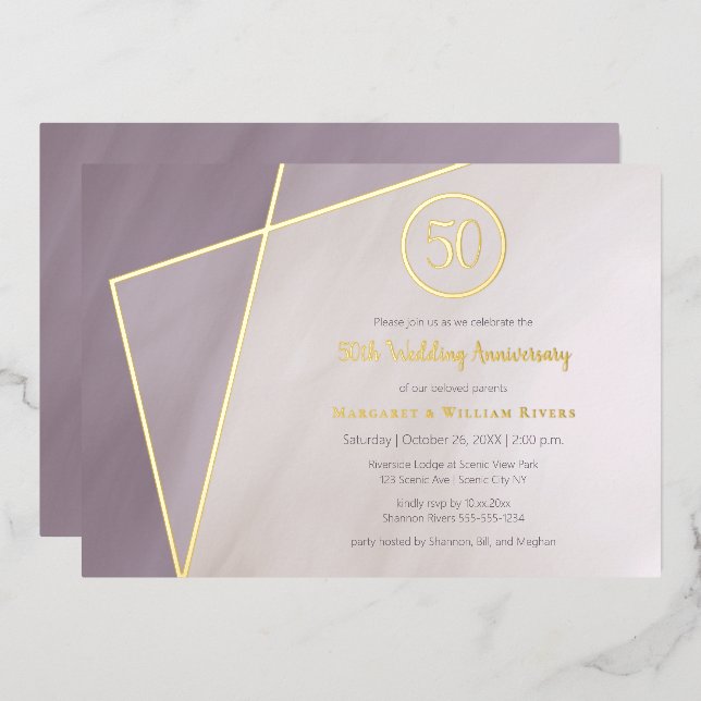 50th anniversary celebration muted plum gold frame foil invitation (Front/Back)