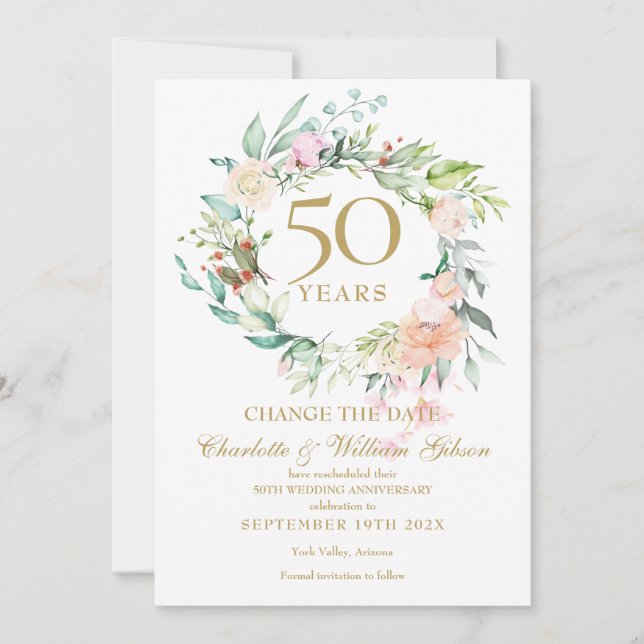 50th Anniversary Change the Date Roses Garland  Invitation (Front)