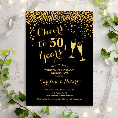 50th Anniversary _ Cheers to 50 Years Gold Black Invitation