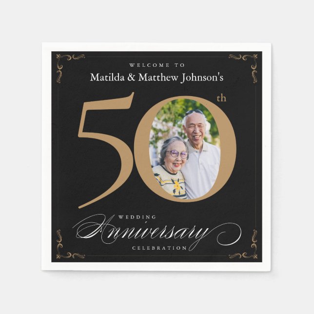 50th Anniversary Classy Black Gold Calligraphy Nap Napkins (Front)