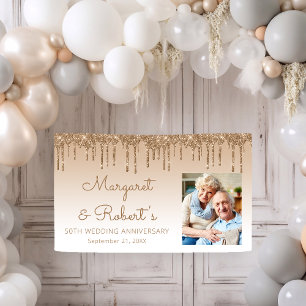 50th Anniversary Custom Photo Gold Glitter Drip Banner
