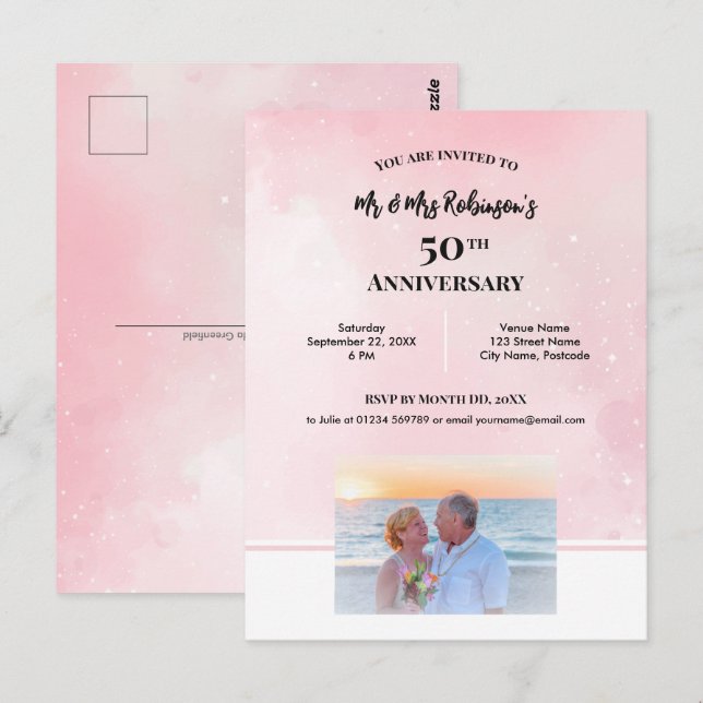 50th Anniversary Custom Photograph Starry Pink  Postcard (Front/Back)