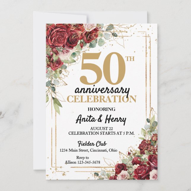 50th Anniversary Deep Red & Gold Frame Roses  Invitation (Front)