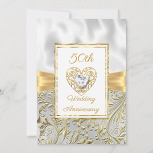 50th Anniversary diamond Heart Gold Bow Floral Invitation