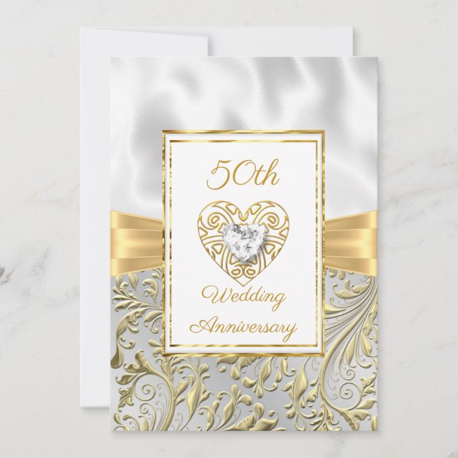 50th Anniversary diamond Heart Gold Bow Floral Invitation (Front)