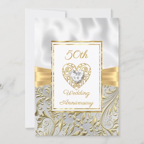 50th Anniversary diamond Heart Gold Bow Floral Invitation