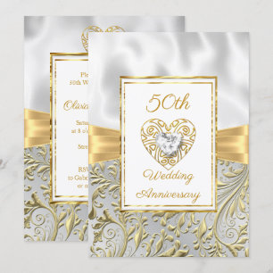 50th Anniversary diamond Heart Gold Bow Floral Invitation