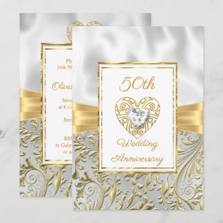 50th Anniversary diamond Heart Gold Bow Floral Invitation