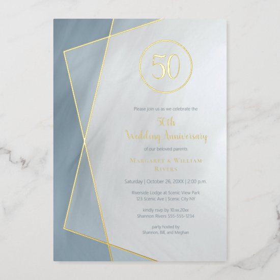 50th anniversary dusty blue gray with gold foil in foil invitation