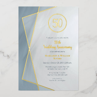 50th anniversary dusty blue gray with gold foil in invitation
