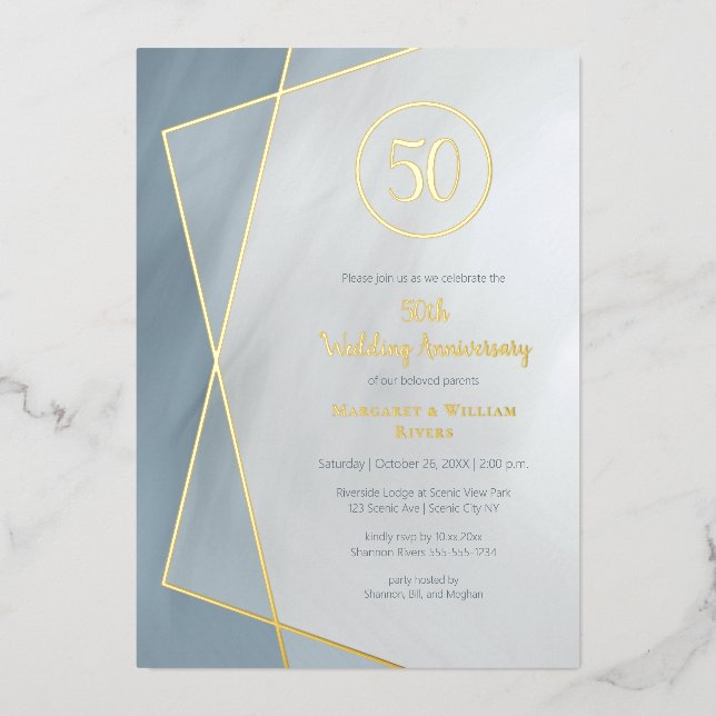 50th anniversary dusty blue gray with gold foil in invitation (Front)