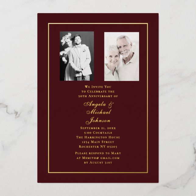 50th Anniversary Elegant Dark Red Burgundy Gold Foil Invitation (Front)