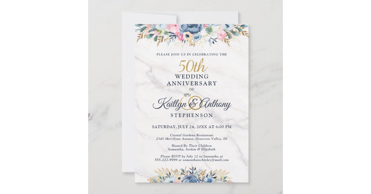 50th Anniversary Elegant Floral Gold Navy Blue Invitation | Zazzle