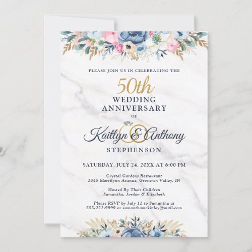 50th Anniversary Elegant Floral Gold Navy Blue Invitation