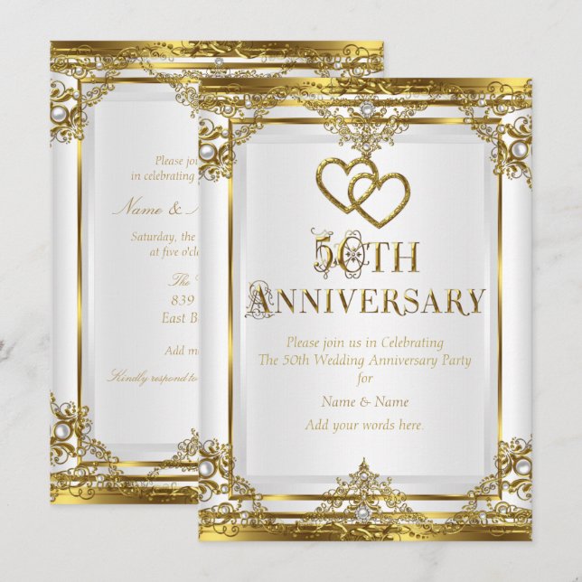 50th Anniversary Elegant Gold White Pearl Invitation (Front/Back)