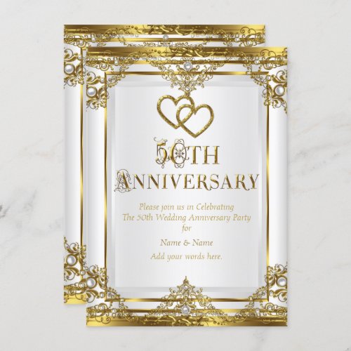 50th Anniversary Elegant Gold White Pearl Invitation