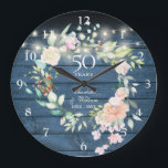 50th Anniversary Floral Blue Rustic String Lights Large Clock<br><div class="desc">Featuring a delicate watercolor floral garland and pretty string lights on a blue rustic wood background,  this chic botanical 50th wedding anniversary clock can be personalized with your special golden anniversary details set in elegant typography. Designed by Thisisnotme©</div>
