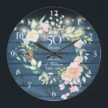 50th Anniversary Floral Blue Rustic String Lights Large Clock<br><div class="desc">Featuring a delicate watercolor floral garland and pretty string lights on a blue rustic wood background,  this chic botanical 50th wedding anniversary clock can be personalized with your special golden anniversary details set in elegant typography. Designed by Thisisnotme©</div>