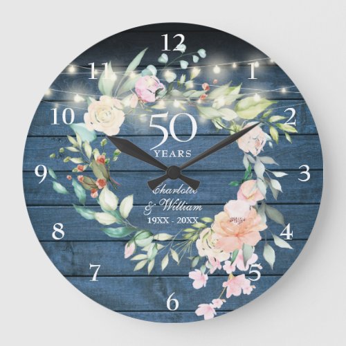 50th Anniversary Floral Blue Rustic String Lights Large Clock