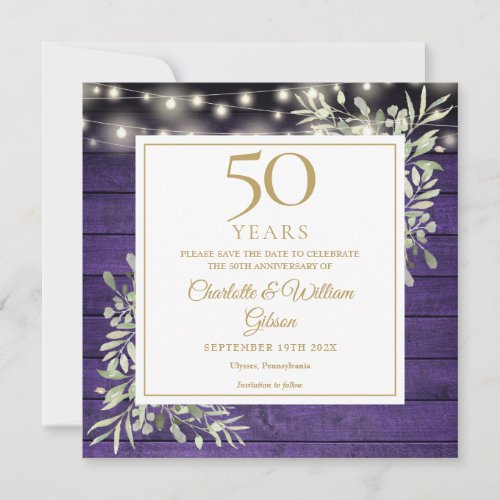 50th Anniversary Floral Purple Wood Lights Square Save The Date